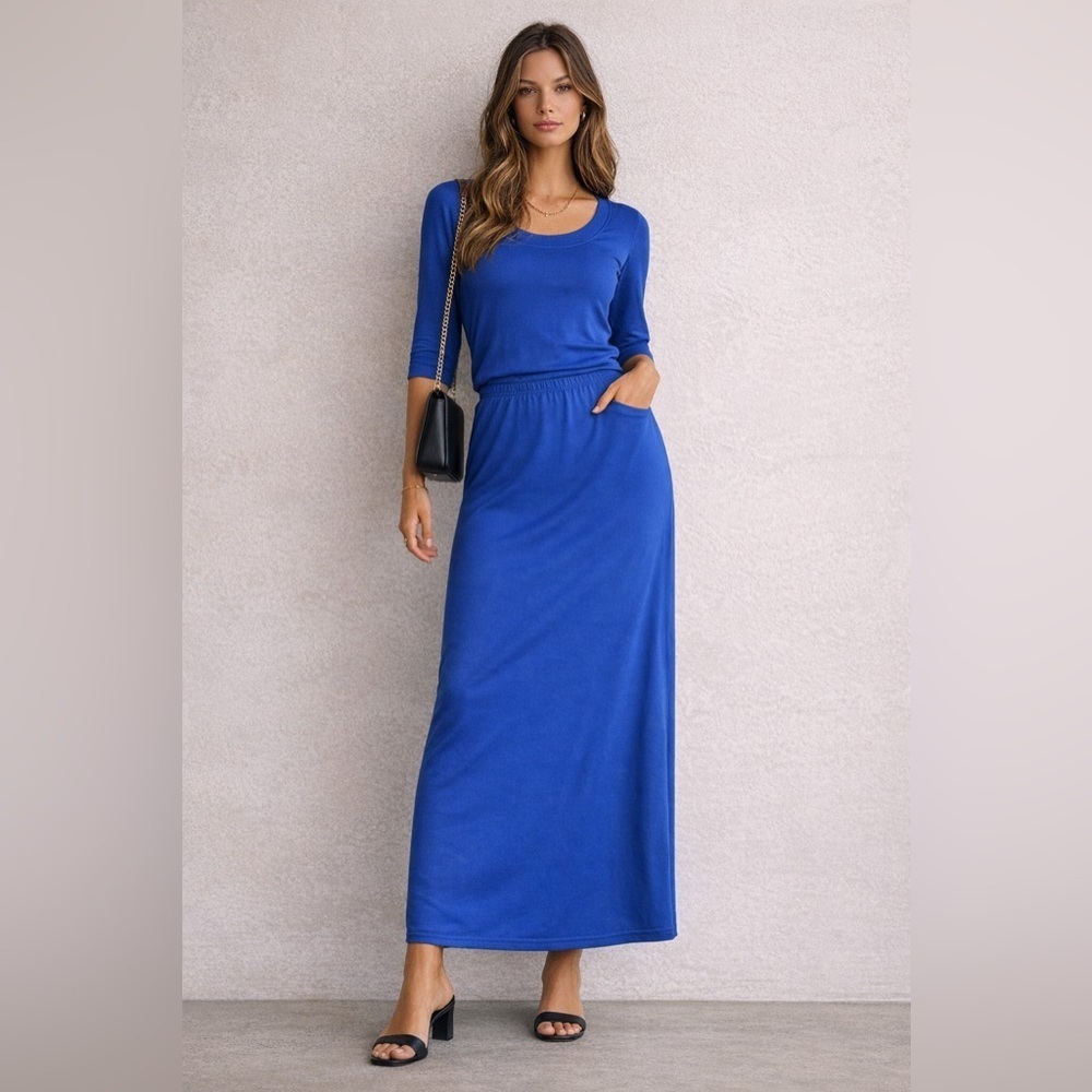 Worthington Knits VINTAGE Cobalt Blue Jersey Maxi Skirt Set // 90s Minimalist L